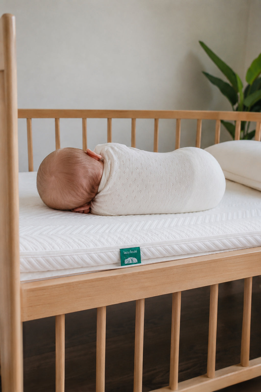A baby cot mattress in a nursery
