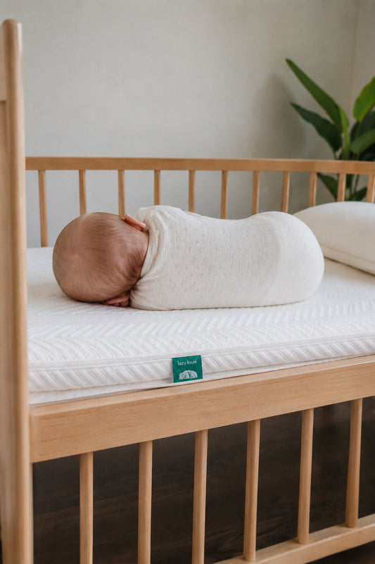 A baby cot mattress in a nursery